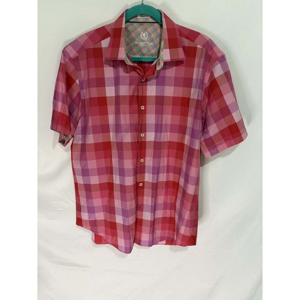 Bugatchi Mens Large Short Sleeve Button Down Shirt Pink Plaid Shaped Fit Cotton
